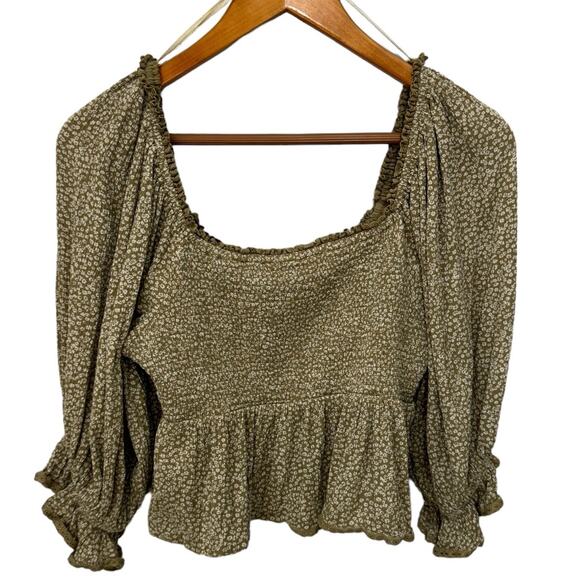 FREE PEOPLE Top Womens M Green Cropped Peasant Prairie Boho Festival - Picture 2 of 10